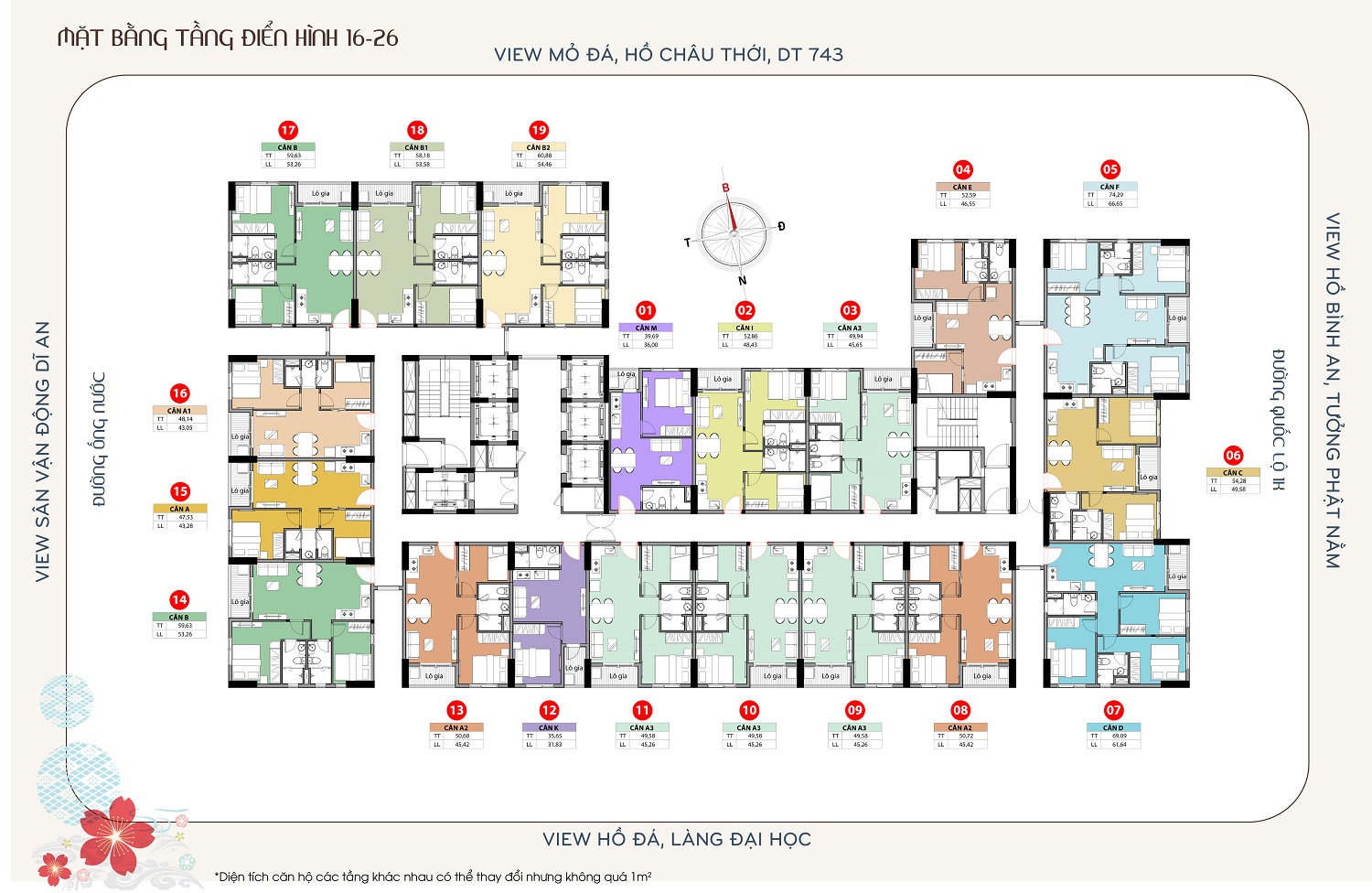 mặt bằng tầng 16 đến 26 bcons asahi