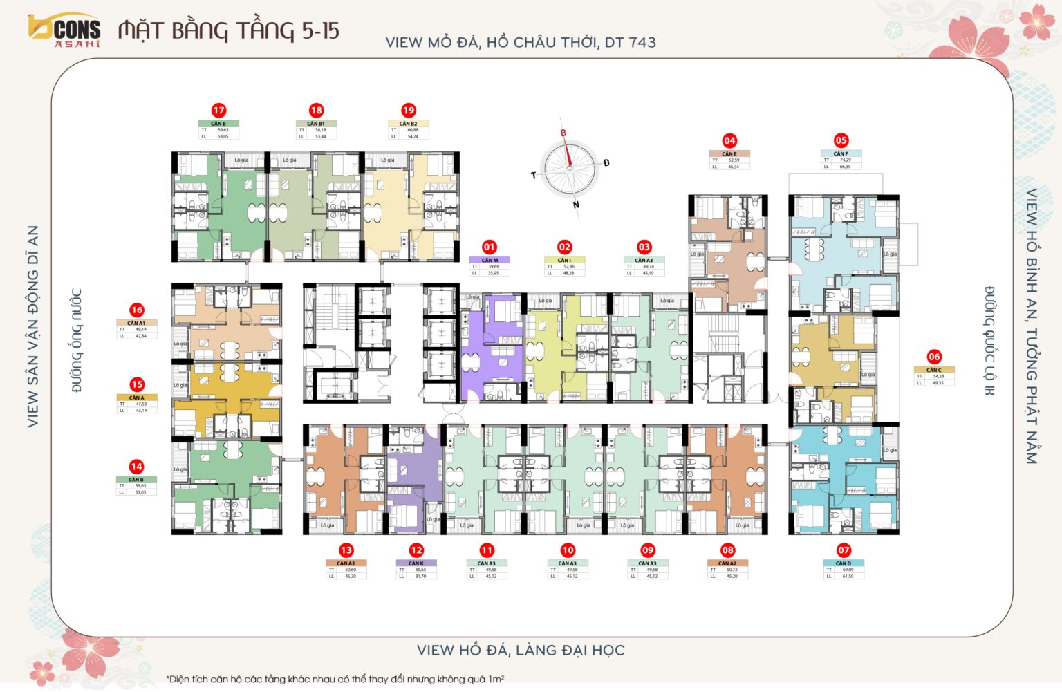 mặt bằng tầng 5-15 Bcons asahi