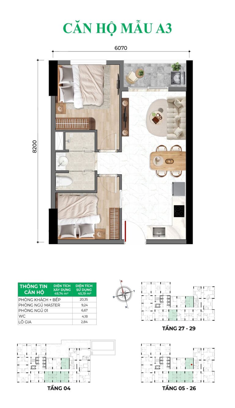 thiết kế căn hộ 2 phòng ngủ 1 vệ sinh bcons asahi quốc lộ 1k