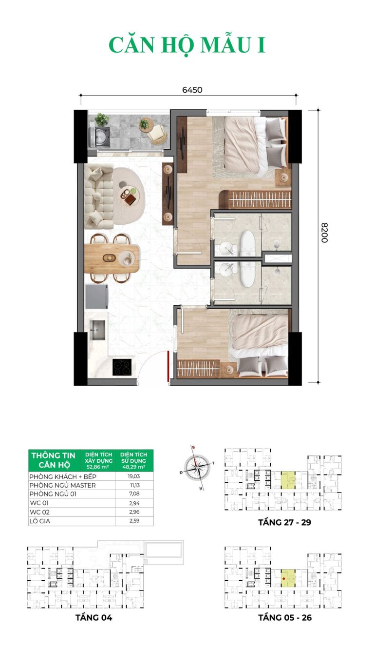 thiết kế căn hộ 2 phòng ngủ 2 vệ sinh bcons asahi quốc lộ 1k
