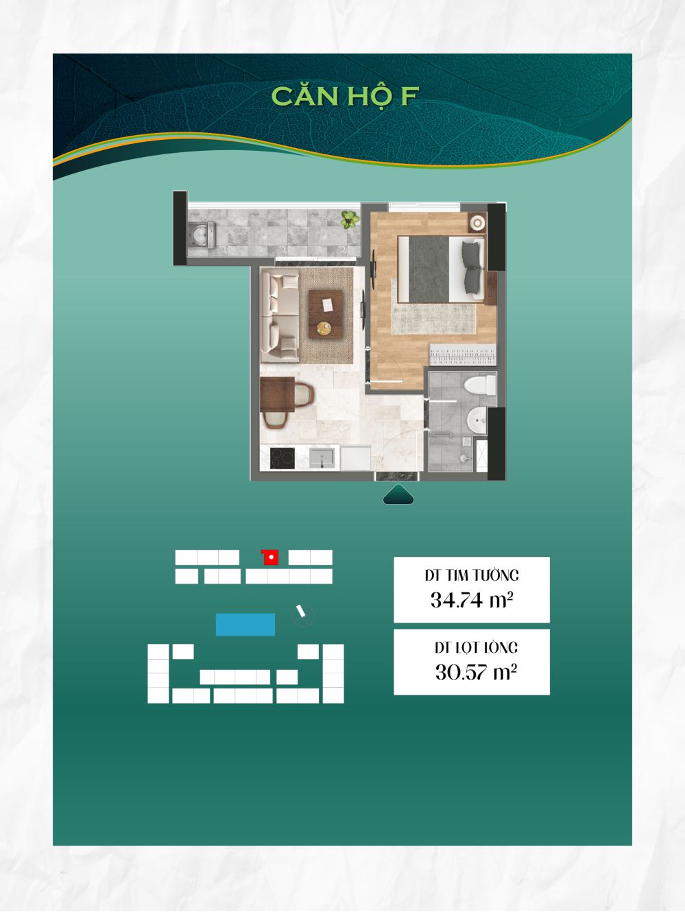 Thiết Kế căn hộ 1 phòng ngủ Tháp Green Emerald