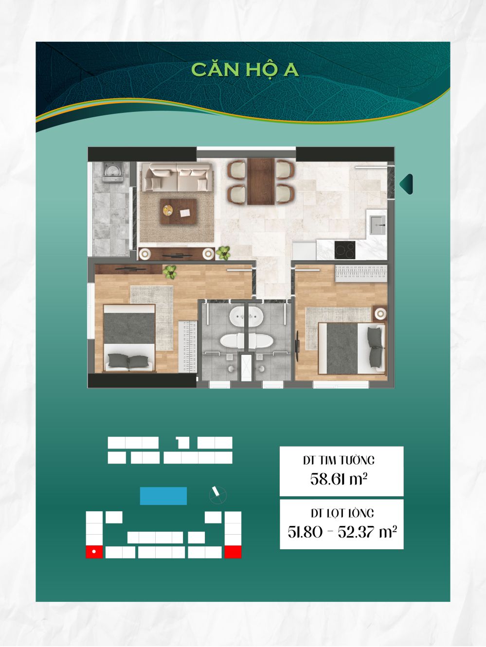 Thiết Kế căn 2 phòng ngủ dọc Tháp Green Emerald