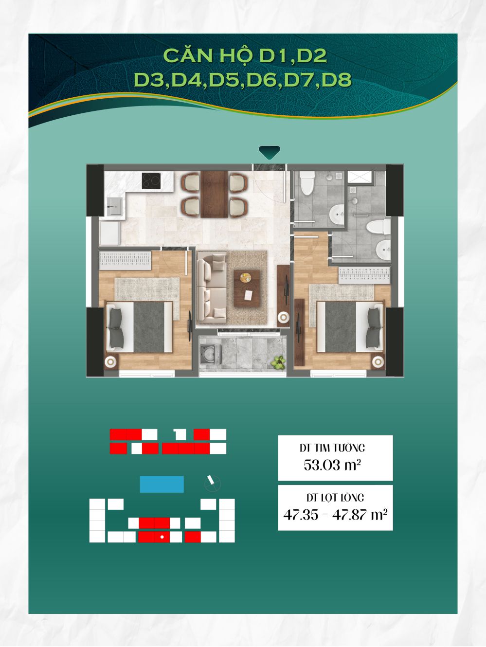 Thiết Kế căn hộ 2 phòng ngủ ngang Tháp Green Emerald